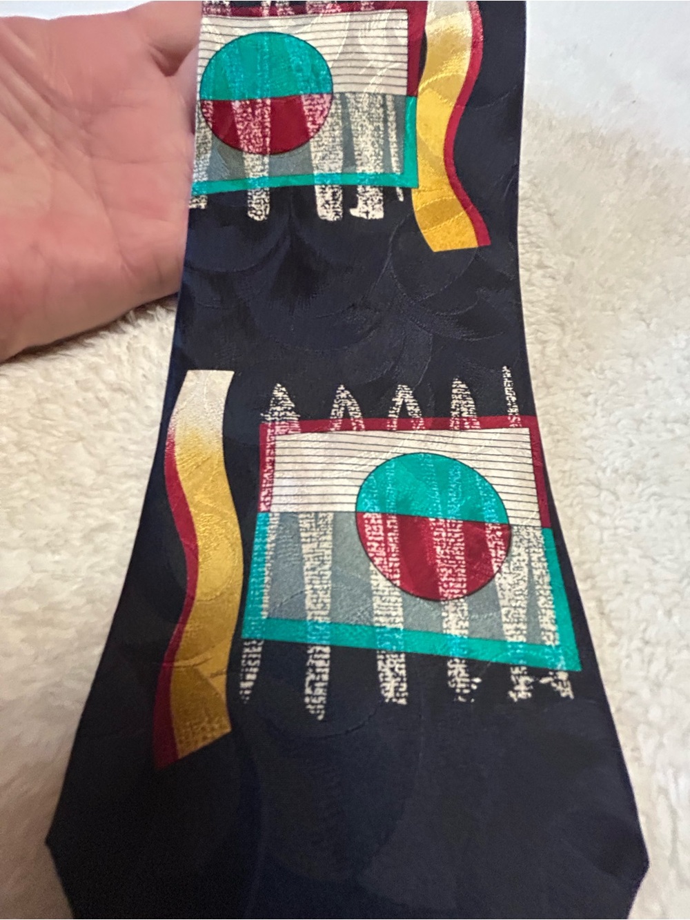 🎁3 for $30 - Black Necktie with Teal, Red & Gold Geometric Motif